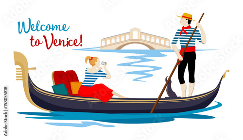 Valokuva A colorful cartoon drawing, where a young gondolier in a vest and hat drives a tourist on a gondola, sitting on a boat and photographing the Rialto Bridge on a channel in the town of Venice