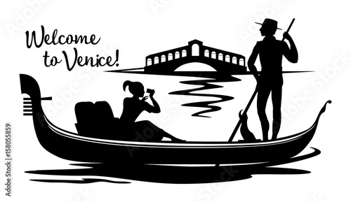 Fotografia, Obraz A silhouette black cartoon drawing, where a young gondolier in a vest and hat drives a tourist on a gondola, sitting on a boat and photographing the Rialto Bridge on a canal in the town of Venice