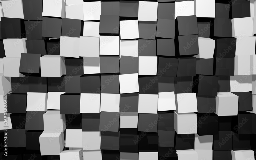 Fototapeta Abstrakcjonistyczny piękny kreatywnie tło czarny i biały rozszerzona i wgnieciona przypadkowa obracająca sześcian ściana z odbiciami dla desktop, miejsce, sztandar, tło, wallpapper. Ilustracja renderowania 3D