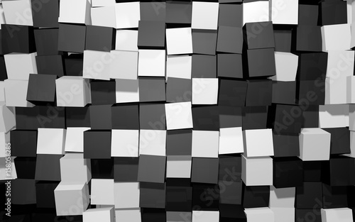 Abstract beautiful creative background of black and white extended and dented random rotated cubes wall with reflections for desktop, site, banner, backdrop, wallpapper. 3d Render Illustration