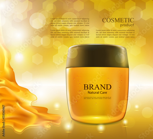 Cosmetic ads poster.Moisturizing nourishing cream for skin protection based on natural ingredients isolated on glowing background.Mockup 3D Realistic vector illustration with honey on the yellow