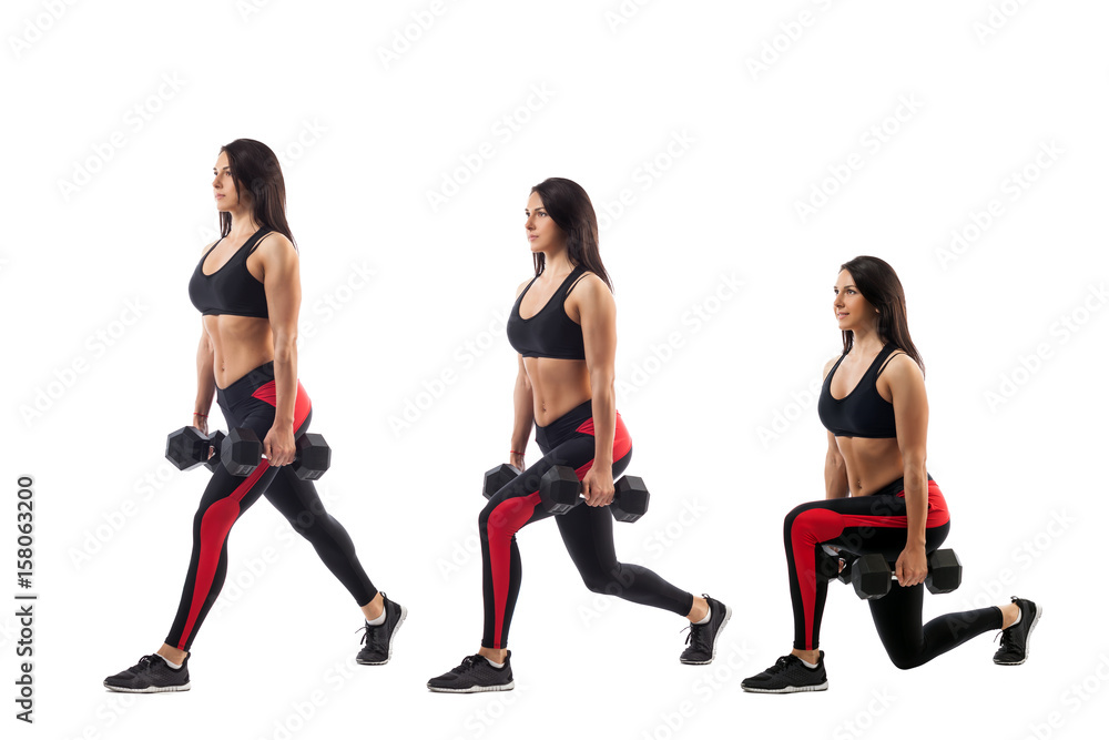 Technique exercises for the buttocks with dumbbells in hands on a white isolated background, sports woman, left side Technique exercises for the buttocks with dumbbells in hands on a white isolated background, sports woman, left side