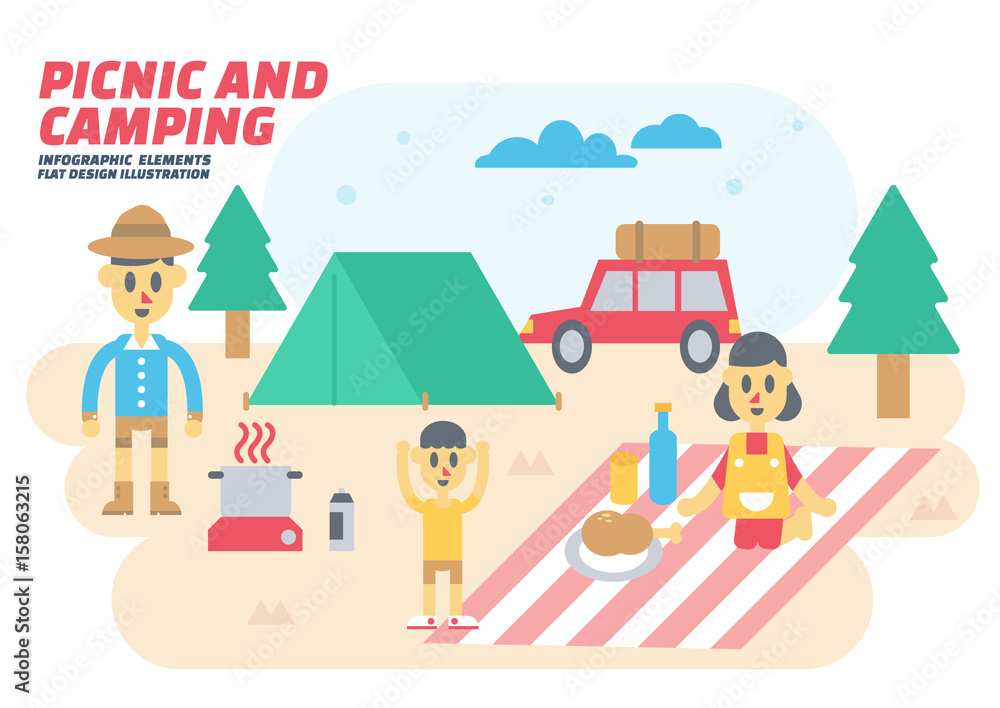 Picnic and Camping Travel , Flat Design Elements. Vector Illustration.