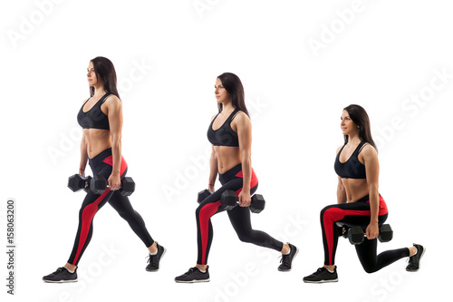 Technique exercises for the buttocks with dumbbells in hands on a white isolated background, sports woman, left side