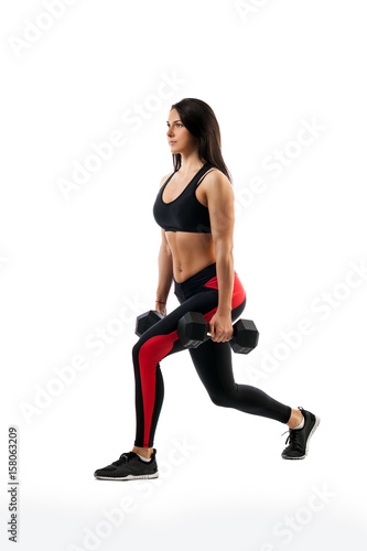 Example exercise for the buttocks with dumbbells in hand on a white isolated background, sports woman,Semi-squat position
