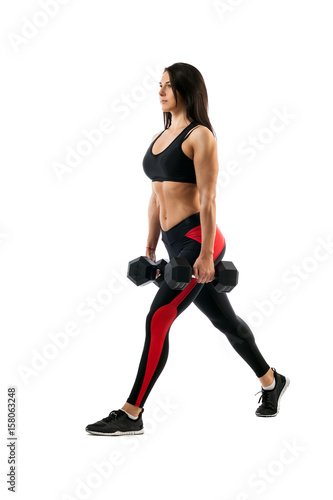 Example exercises for the buttocks with dumbbells in hands on a white isolated background, sports woman standing position