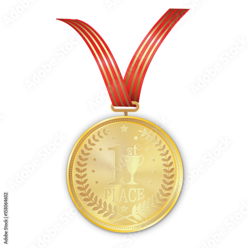 Vector gold medal on red ribbon with gold strip of laurel wreath and reflections conceptual of an award for victory winning first placement achievement or quality on white background