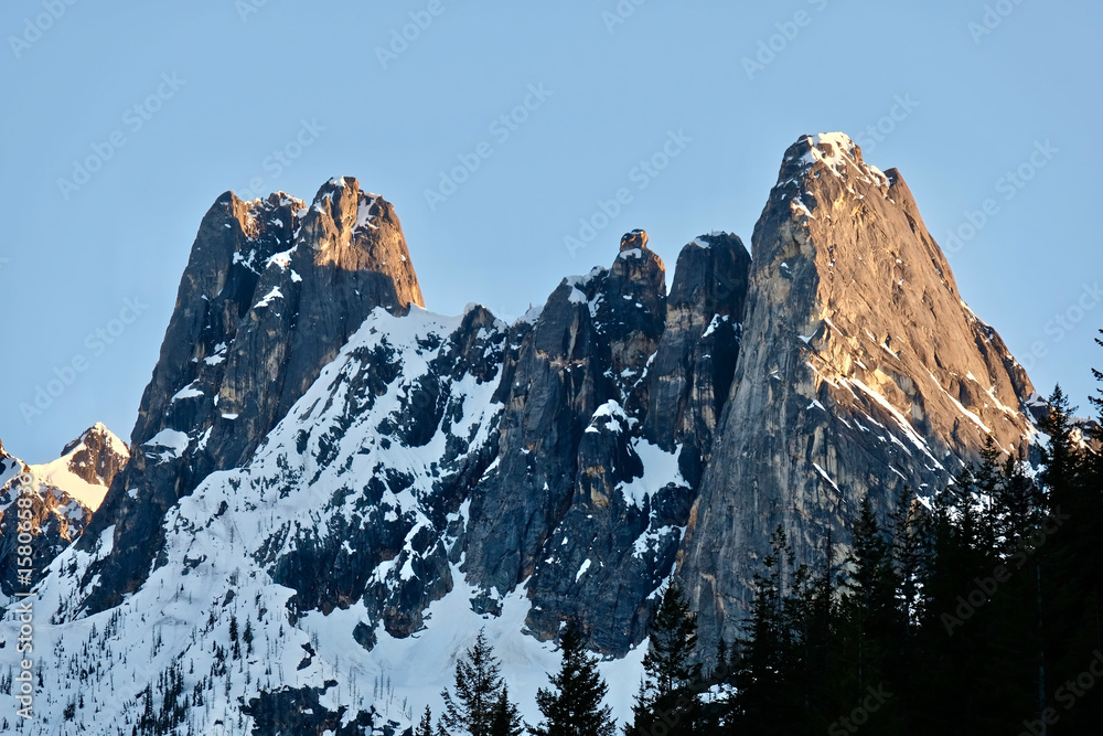 Mountain peaks with snow. Early Winter Spires. North Cascades National Park. Cascade Mountains. Seattle. Winthrop. Washington. United States.