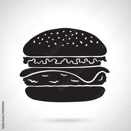 Vector illustration. Silhouette of hamburger with cheese, tomato and salad. Unhealthy food. Patterns elements for menus, signboards, showcases, wallpapers