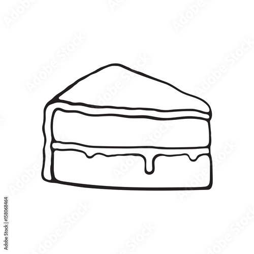 Vector illustration. Hand drawn doodle of a piece of cake with glaze cream fondant and confiture. Cartoon sketch.  Decoration for menus, signboards, showcases, greeting cards, wallpapers