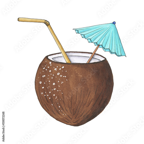 Coconut Cocktail Isolated on a White Background Hand Drawn Illustration