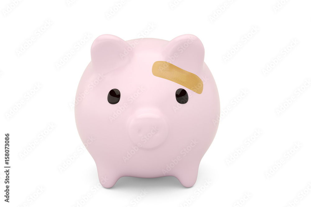 Band Aid and piggy bank on white.3D illustration