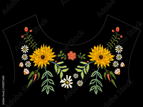 Embroidery native neckline pattern with asters and chamomiles. Vector embroidered traditional floral design with fantasy flowers for fashion wearing.