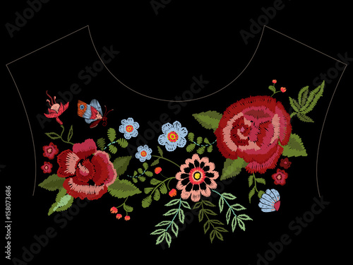 Embroidery native neckline pattern with roses and fantasy flowers. Vector embroidered traditional floral design for fashion wearing.