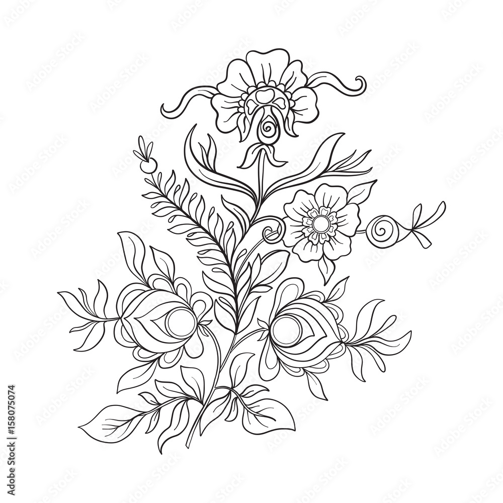 Outline vintage flowers bouquet or pattern in rococo, victorian, renaissance, baroque, royal style. Coloring page. Stock line vector illustration.