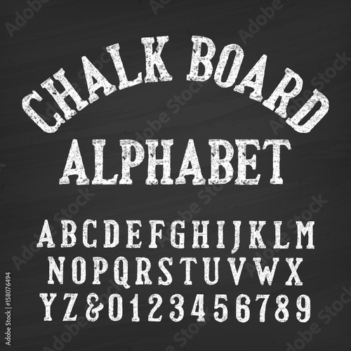 Hand drawn chalk board alphabet font. Vintage letters and numbers on a distressed background. Retro vector typeface for your design.