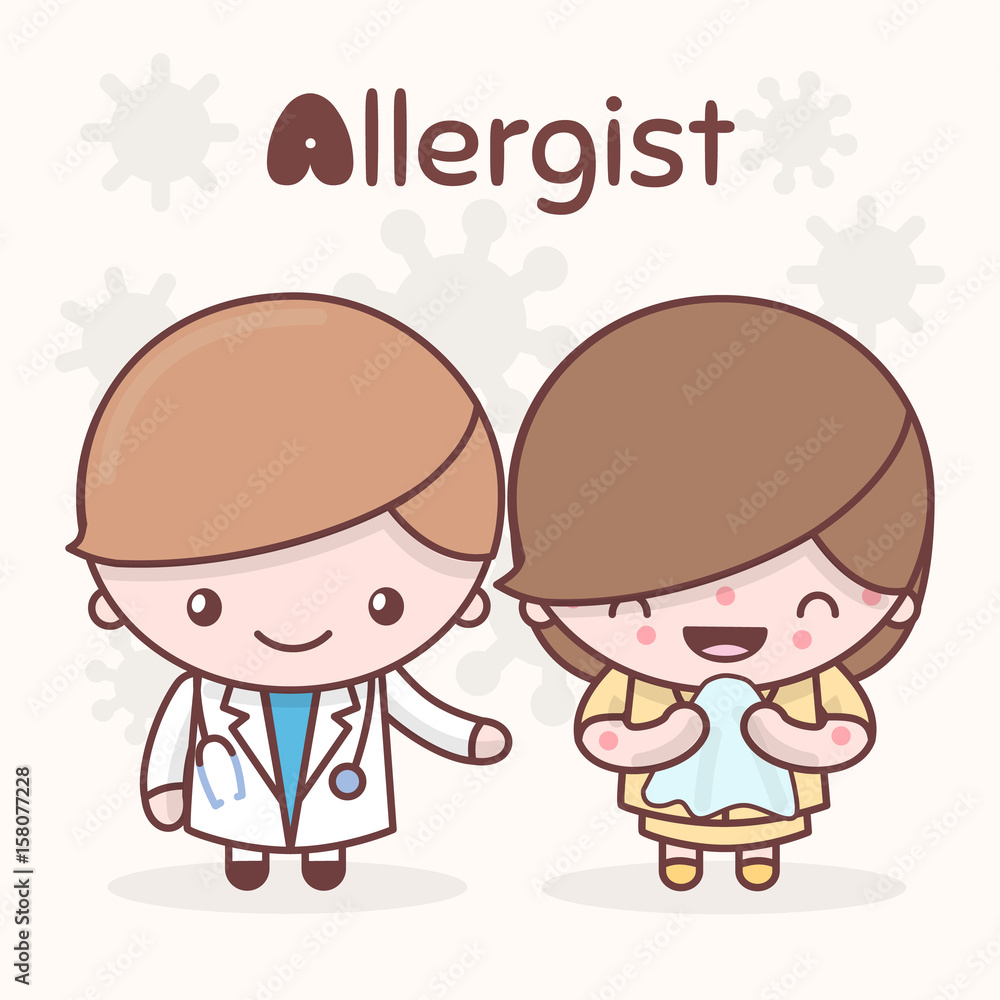 Cute chibi kawaii characters. Alphabet professions. The Letter A - Allergist.