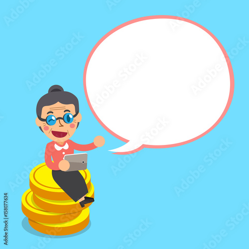 Cartoon senior woman sitting on money coins with white speech bubble