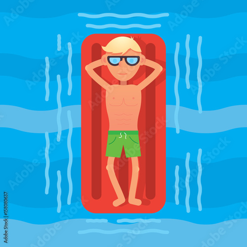 Man swimming in sea on red air mattress top view. Vector illustration