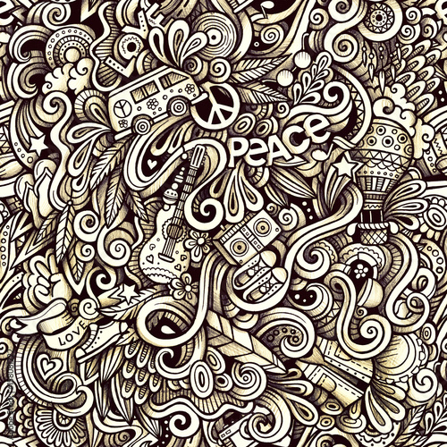 Graphic Hippie hand drawn artistic doodles seamless pattern. Mon