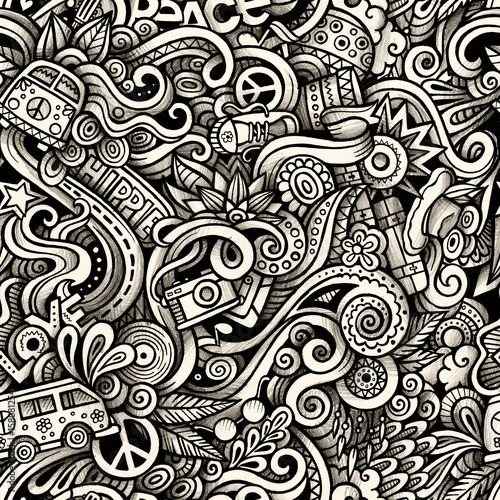 Graphic Hippie hand drawn artistic doodles seamless pattern. Mon