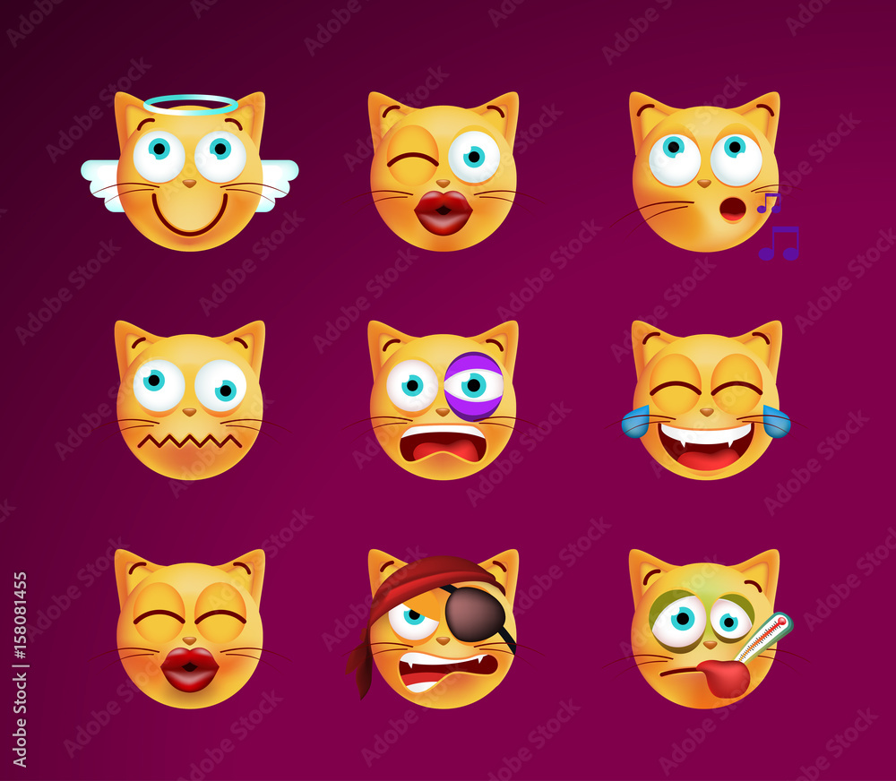 Set of Cute Emoticon Cat on Black Background. Isolated Vector Illustration Set of Cute Emoticon Cat on Black Background. Isolated Vector Illustration