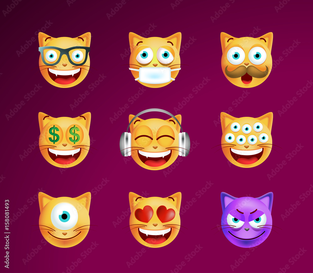 Set of Cute Emoticon Cat on Black Background. Isolated Vector Illustration Set of Cute Emoticon Cat on Black Background. Isolated Vector Illustration