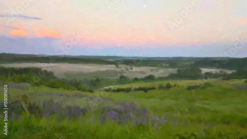 Oil painted hilly landscape at dawn, blooms lupine. Foggy morning