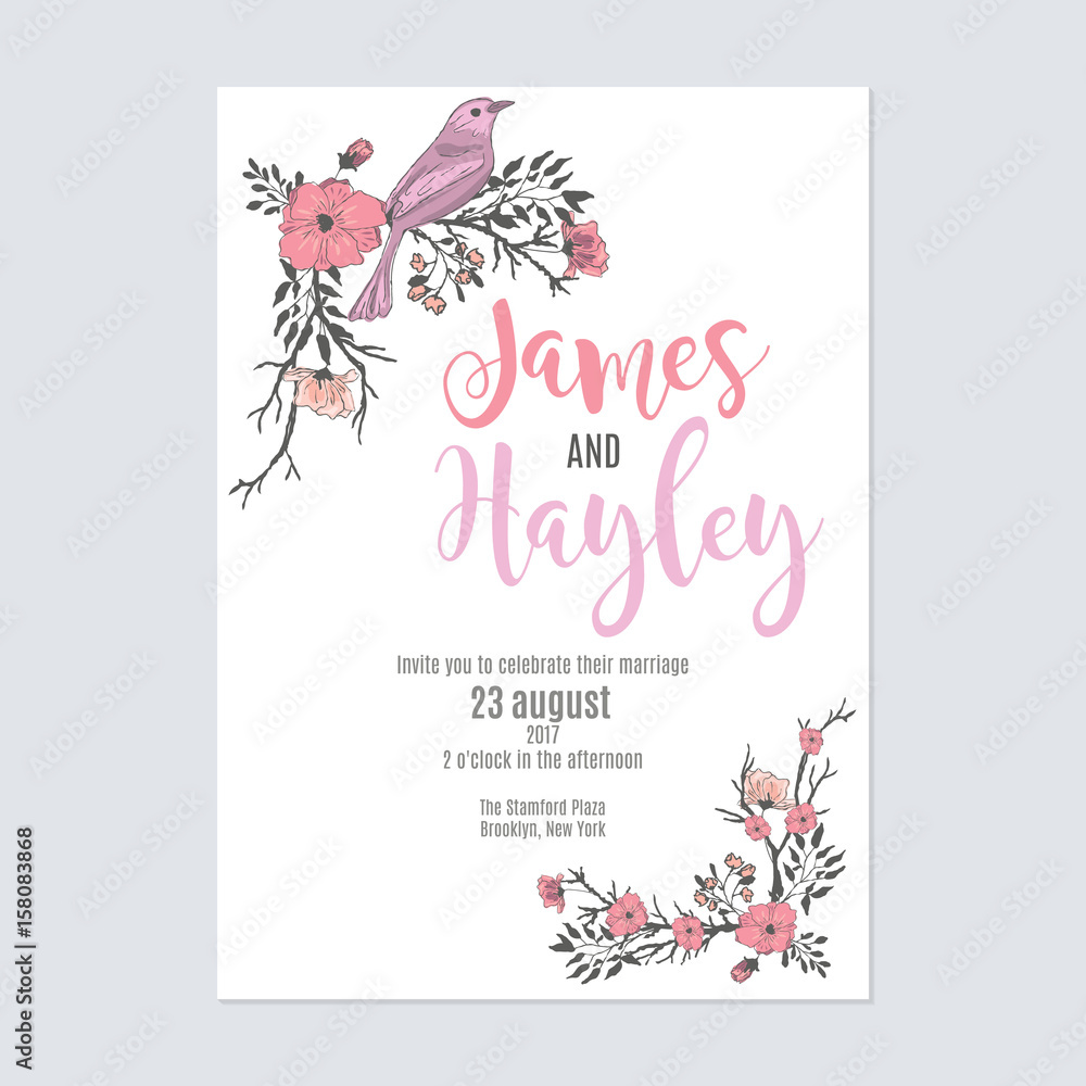 A bright pink holiday floral wedding invitation card template vector