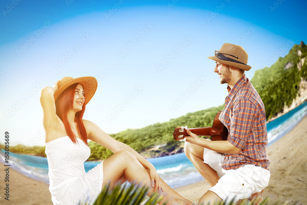 Two lovers on beach and photo of landscape with aberration 