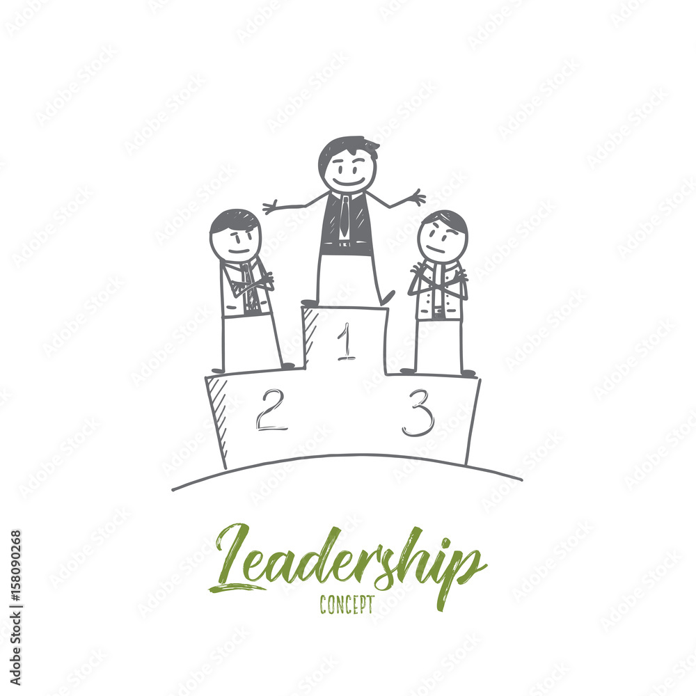 Vector hand drawn Leadership concept sketch. Business people standing on podium and looking at leader
