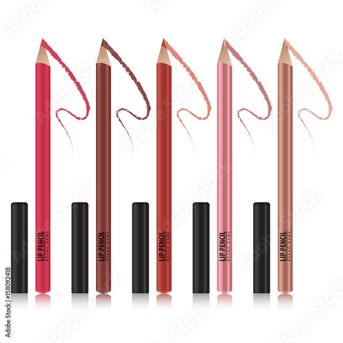 Set of lip pencil mockup. Package design premium cosmetic ads template. Vector 3D illustration