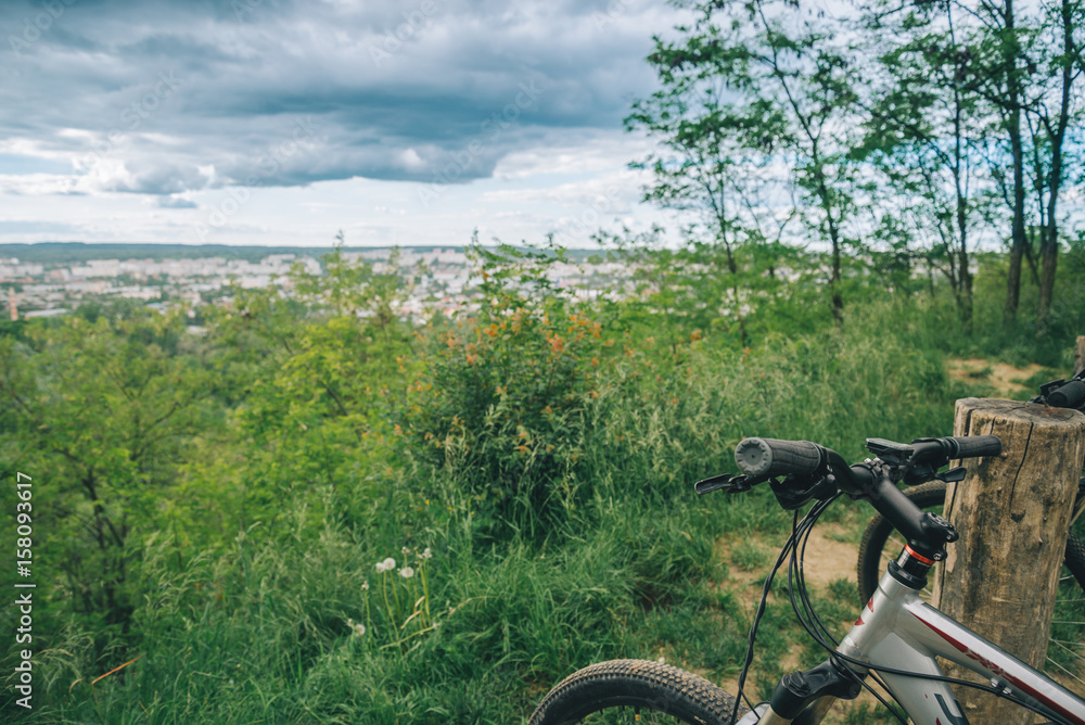 Fototapeta premium two bicycles stand wth city view on background