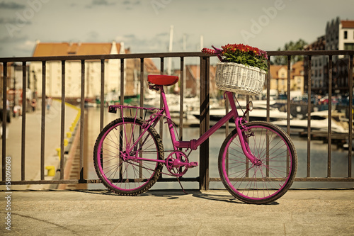 pink bike standing on a bridge photo