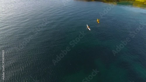 Bird's eye view of tourists kayaking off the coast of Peninsula Valdes, Chubut Province, Argentina