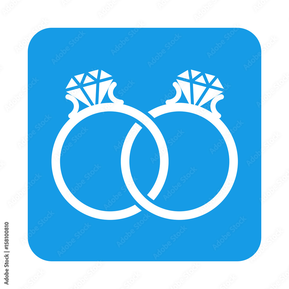 Icono plano anillos de compromiso en cuadrado azul Icono plano anillos de compromiso en cuadrado azul