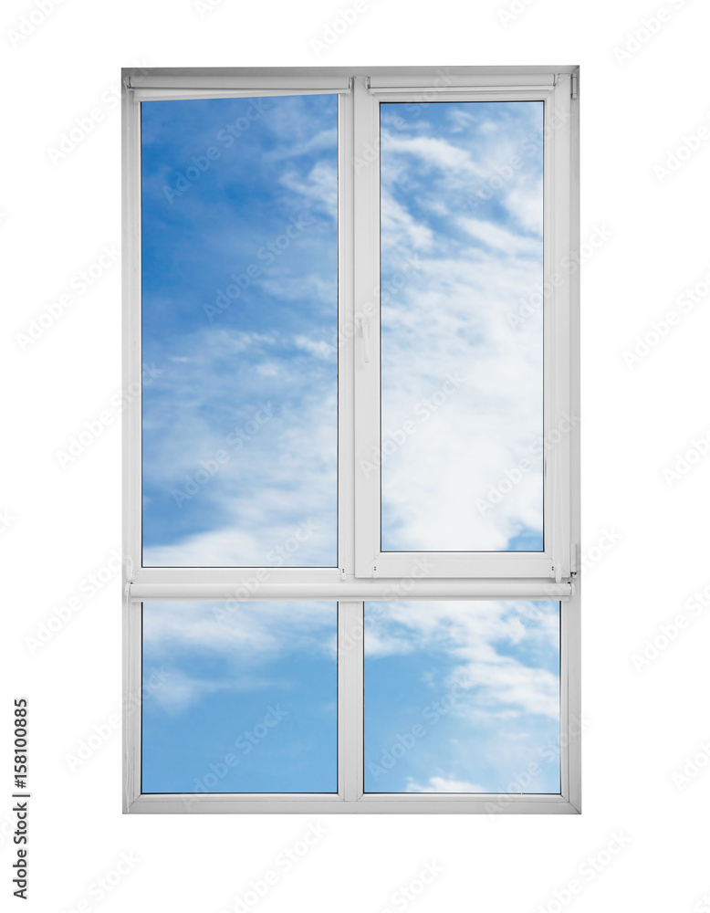 View of blue sky through window on white background