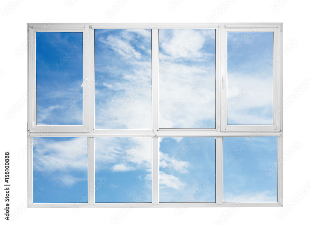 Fototapeta premium View of blue sky through window on white background