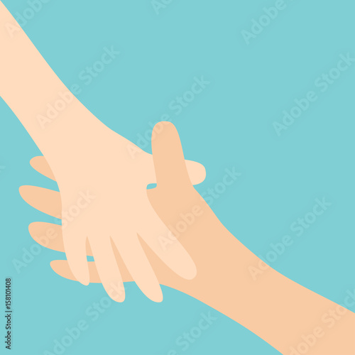 Handshake. Two hands arms reaching to each other. Happy couple. Mother and child. Helping hand. Close up body part. Baby care. Blue background. Isolated. Flat design.