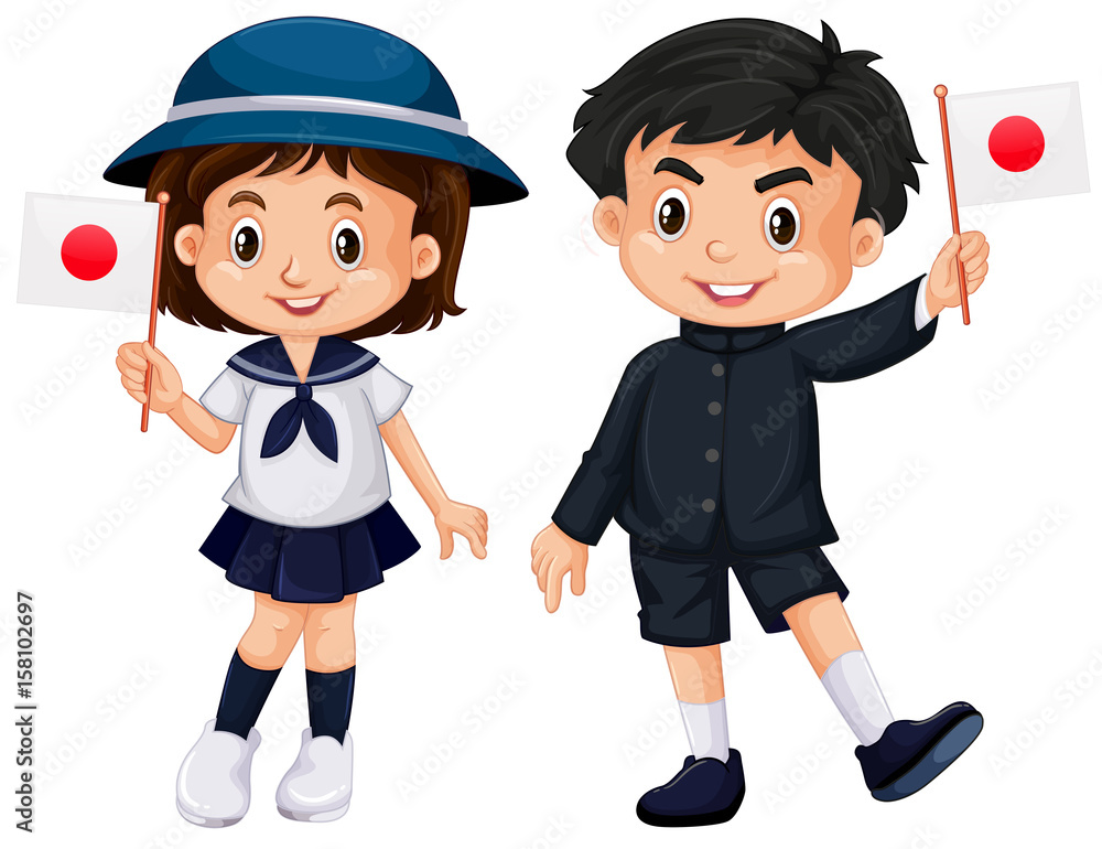 Boy and girl holding Japan flag Boy and girl holding Japan flag