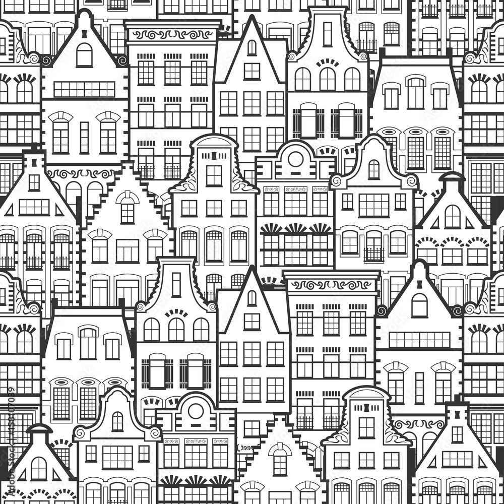 Seamless pattern of Holland old houses facades. Traditional architecture of Netherlands. Line style black and white vector isolated illustrations in the Dutch style. For coloring, design, background.