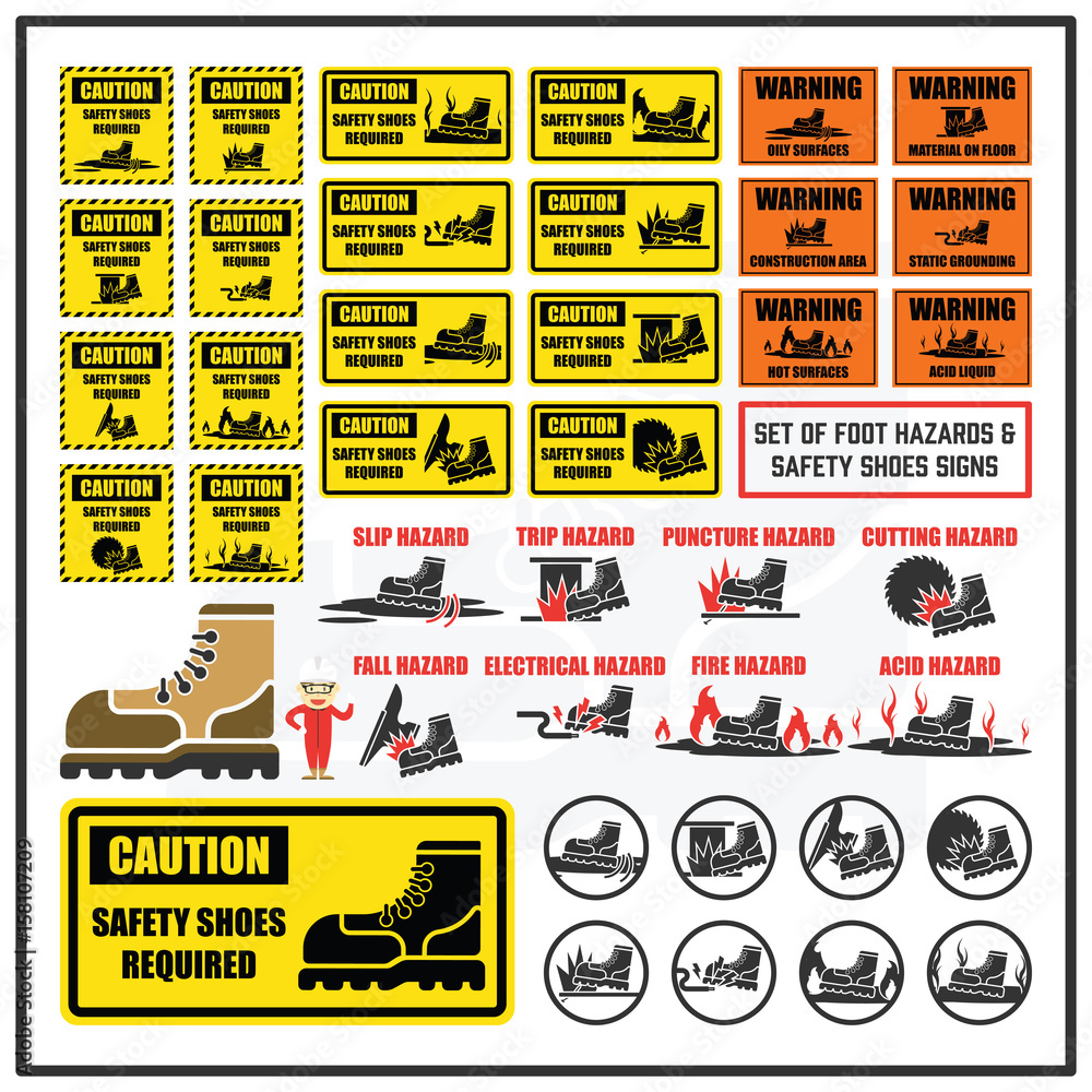 Set of Signs and Symbol of Foot Hazards and Safety Shoes vector de