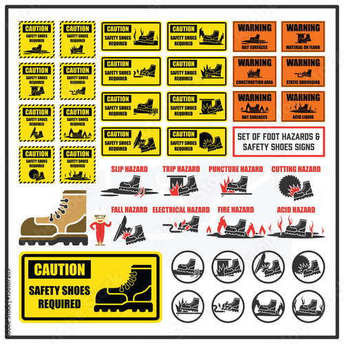 Set of Signs and Symbol of Foot Hazards and Safety Shoes
