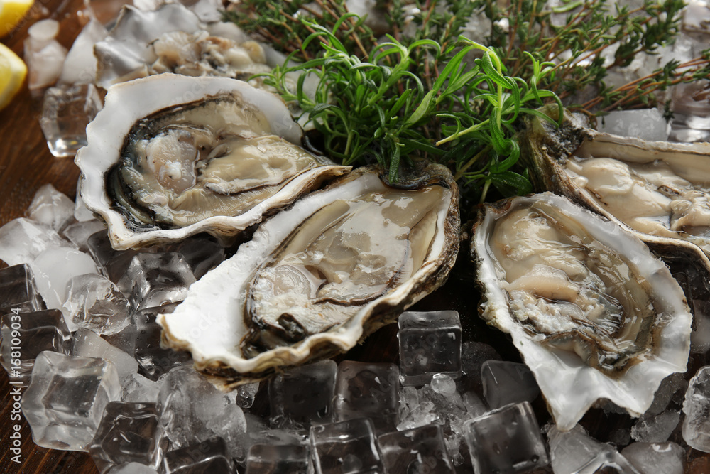 Tasty fresh oysters with herbs and ice, closeup. Aphrodisiac food for increasing sexual desire Tasty fresh oysters with herbs and ice, closeup. Aphrodisiac food for increasing sexual desire