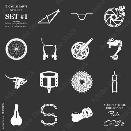 Set of stencil with symbols of spare parts and accessories for bicycles
