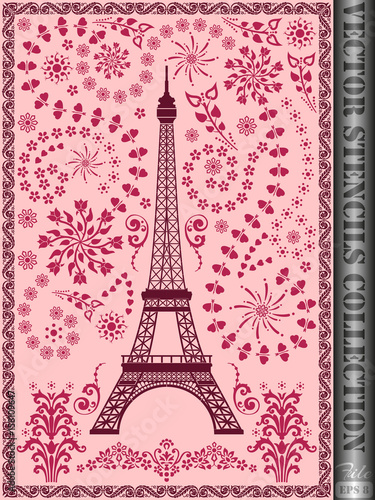 Wallpaper Mural Stencil Eiffel Tower with ornament made of flowers, leaves, stars and hearts. Torontodigital.ca