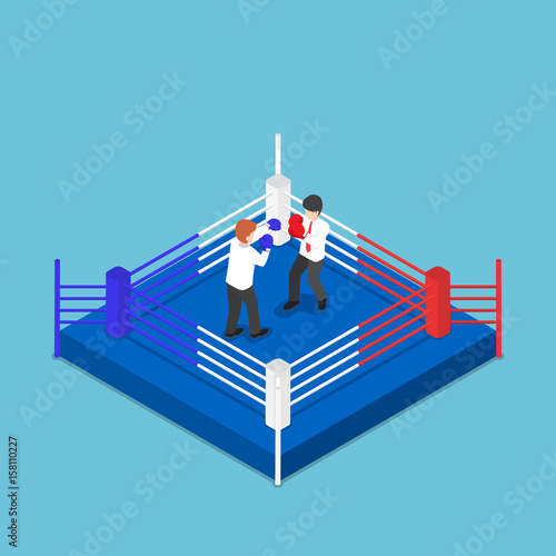 Isometric businessmen fighting on boxing ring