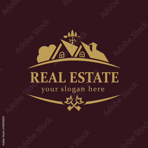 Real-estate vector logo. House for sale or build sign template. Agency, lease, sell, buy, invest or landscaping business identity. Country house luxurious abstract vintage symbol gold colored.