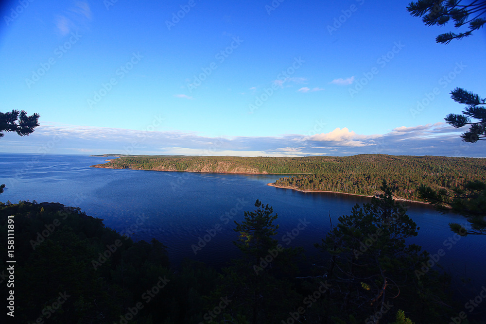 shore water coniferous forest sky russia