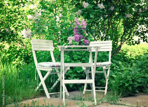 Cage with beautiful lilac flowers on table in garden